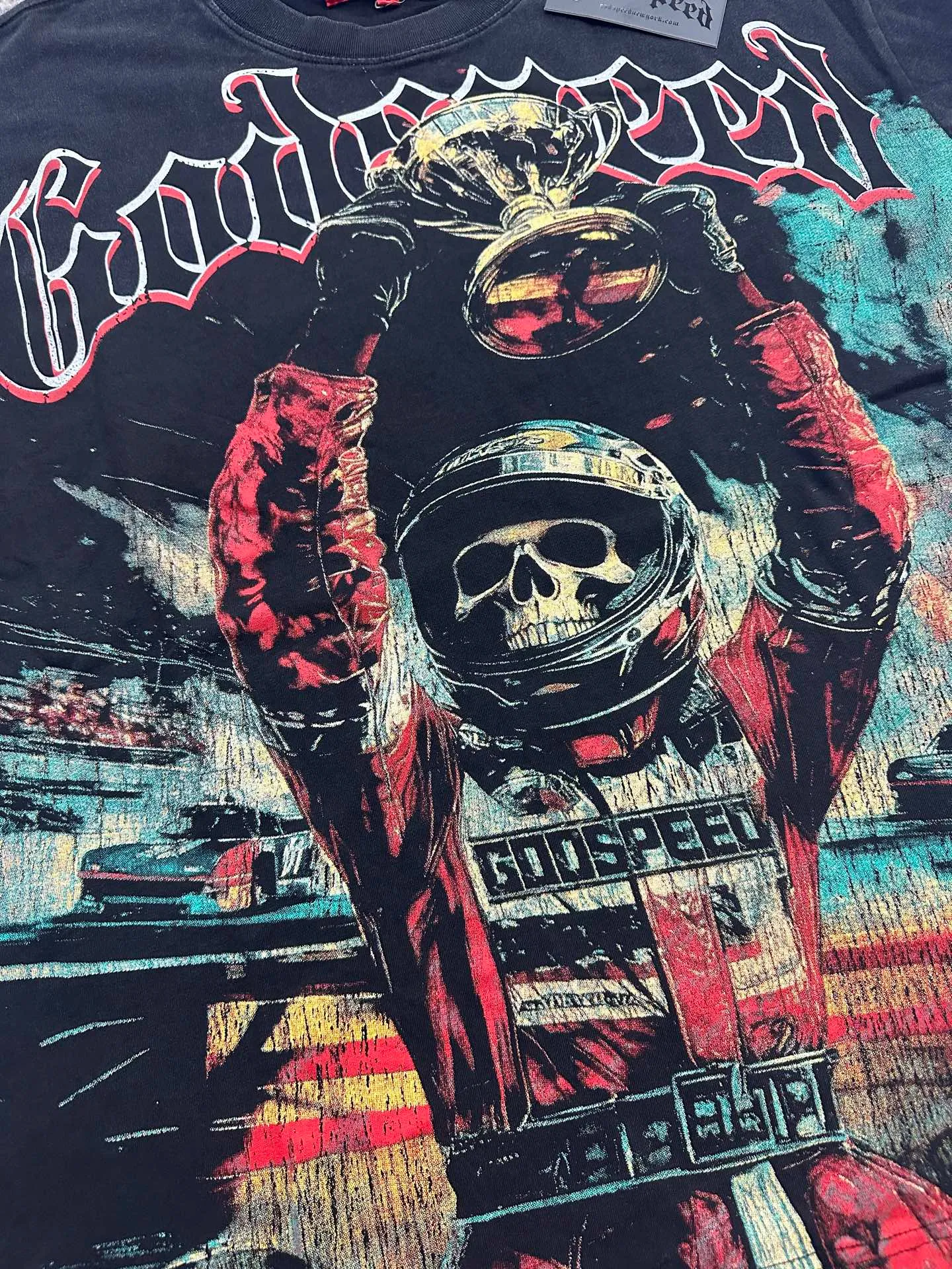 6312# washed black/washed postal green I P116 Godspeed cross-border American rock and roll street washed retro style short-sleeved T (craft print) fabric (fabric): 32 count combed double yarn 250g weight code number (size): S-M-L-XL color (colour): washed black/washed postal green