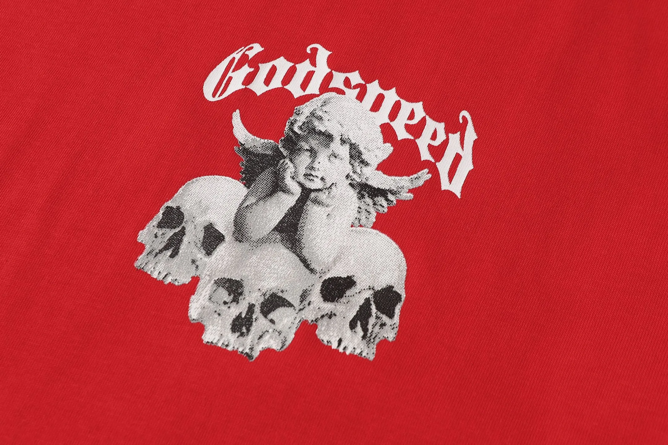 52💰5092#China Red/Klein Blue I Godspeed cross-border American rock and roll street wash retro style short-sleeved T (craft printing) fabric (fabric): 32 count combed double yarn 240 grams weight code (size): S-M-L-XL color (colour): Chinese red/Klein blue