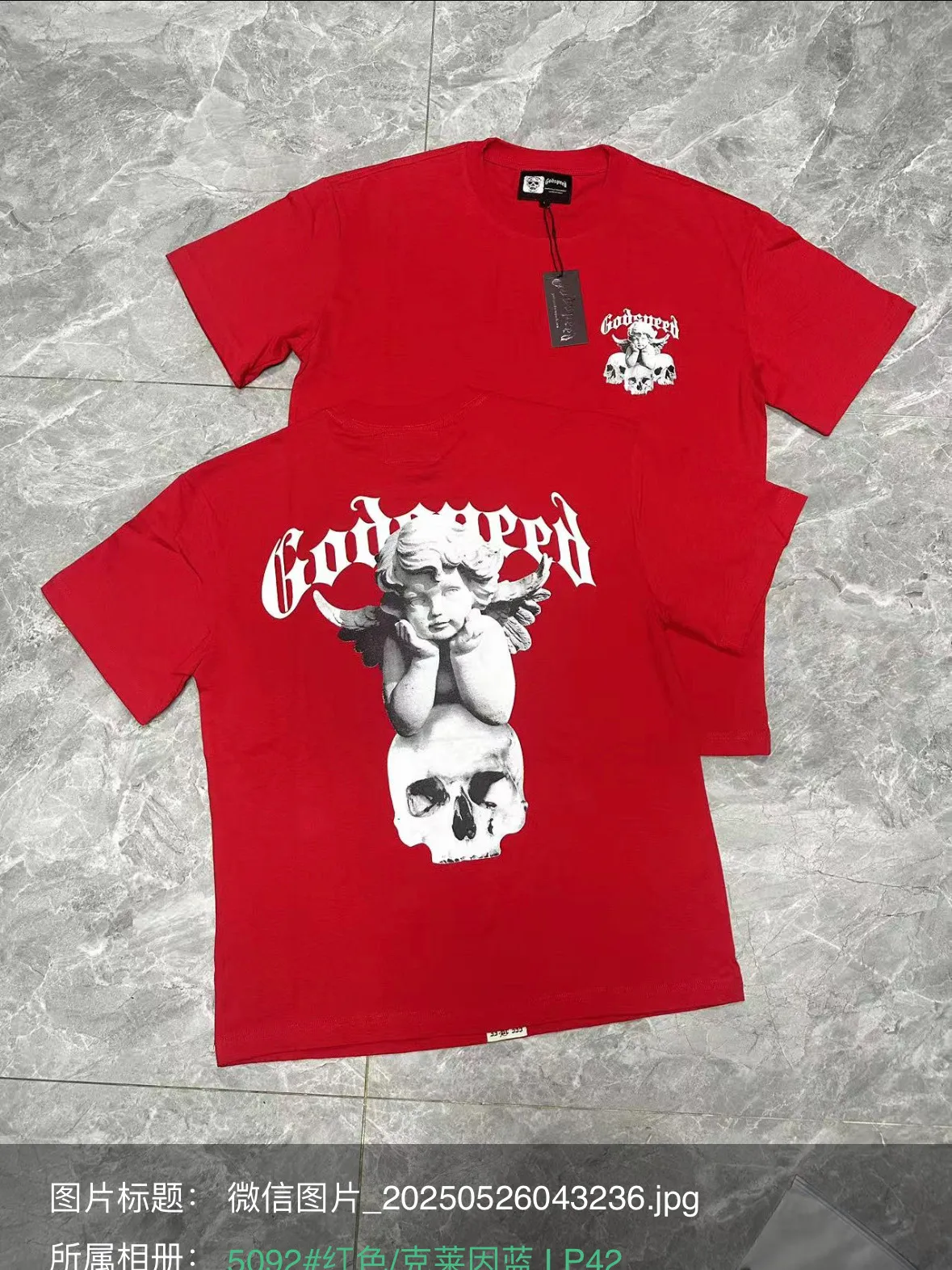 52💰5092#China Red/Klein Blue I Godspeed cross-border American rock and roll street wash retro style short-sleeved T (craft printing) fabric (fabric): 32 count combed double yarn 240 grams weight code (size): S-M-L-XL color (colour): Chinese red/Klein blue
