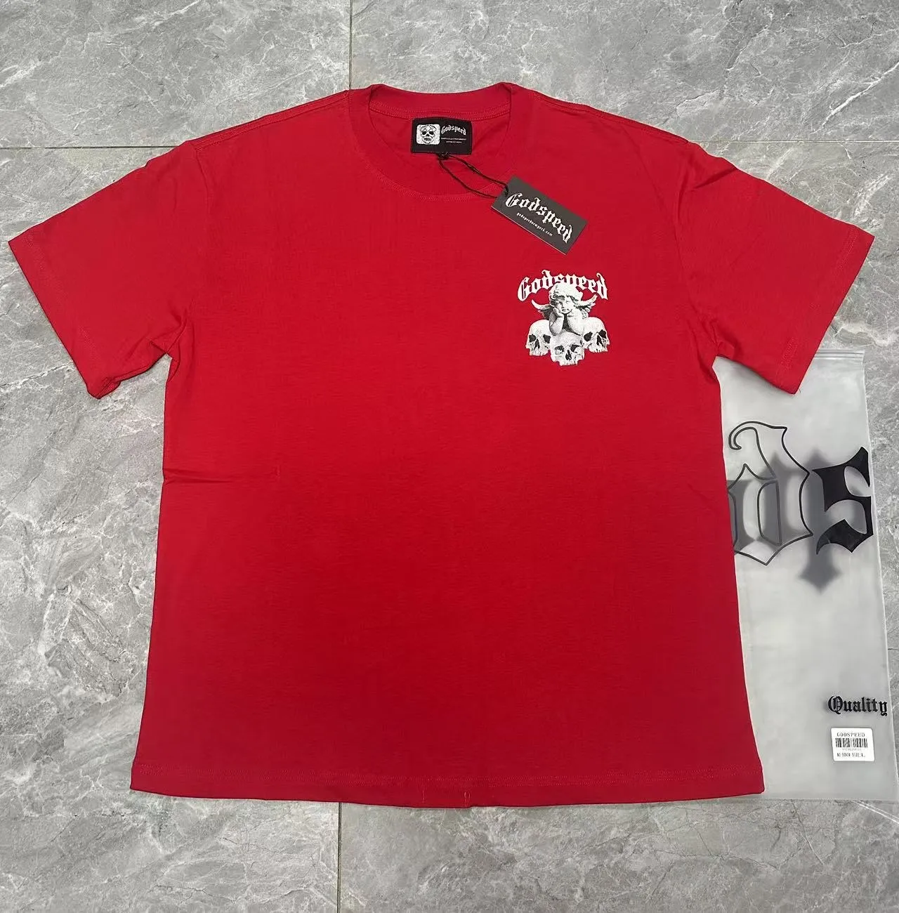 52💰5092#China Red/Klein Blue I Godspeed cross-border American rock and roll street wash retro style short-sleeved T (craft printing) fabric (fabric): 32 count combed double yarn 240 grams weight code (size): S-M-L-XL color (colour): Chinese red/Klein blue