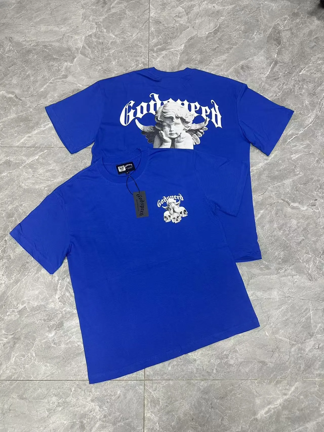 52💰5092#China Red/Klein Blue I Godspeed cross-border American rock and roll street wash retro style short-sleeved T (craft printing) fabric (fabric): 32 count combed double yarn 240 grams weight code (size): S-M-L-XL color (colour): Chinese red/Klein blue