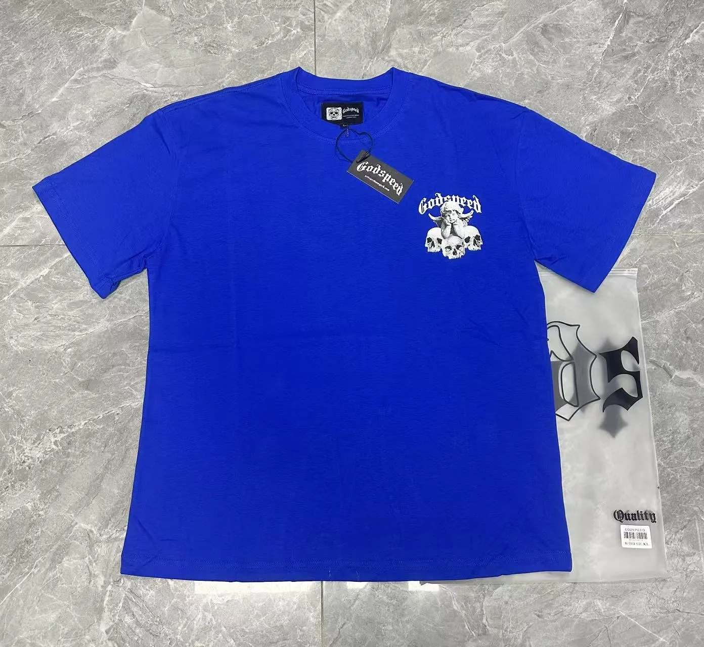 52💰5092#China Red/Klein Blue I Godspeed cross-border American rock and roll street wash retro style short-sleeved T (craft printing) fabric (fabric): 32 count combed double yarn 240 grams weight code (size): S-M-L-XL color (colour): Chinese red/Klein blue
