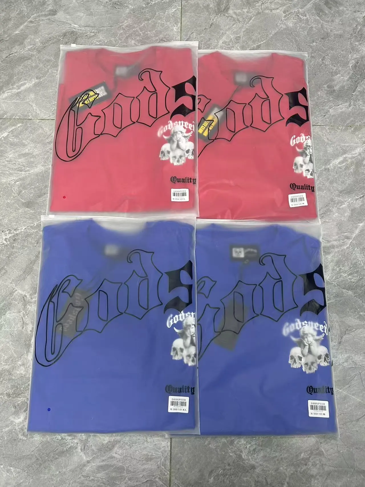 52💰5092#China Red/Klein Blue I Godspeed cross-border American rock and roll street wash retro style short-sleeved T (craft printing) fabric (fabric): 32 count combed double yarn 240 grams weight code (size): S-M-L-XL color (colour): Chinese red/Klein blue