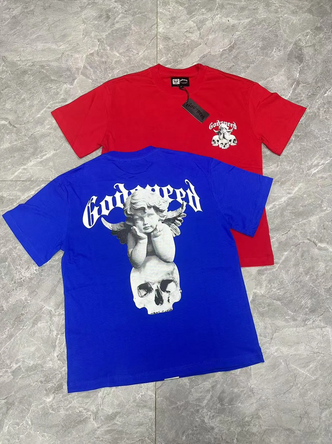52💰5092#China Red/Klein Blue I Godspeed cross-border American rock and roll street wash retro style short-sleeved T (craft printing) fabric (fabric): 32 count combed double yarn 240 grams weight code (size): S-M-L-XL color (colour): Chinese red/Klein blue