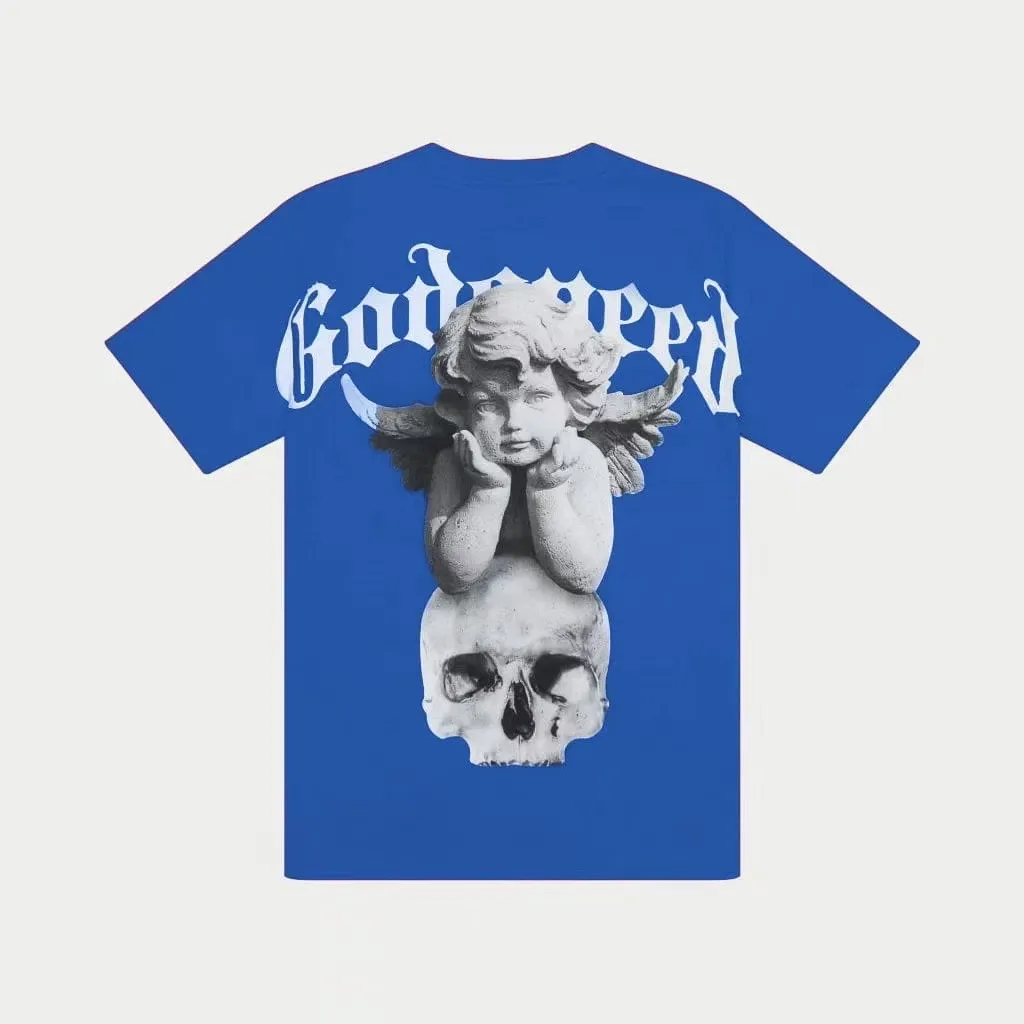 52💰5092#China Red/Klein Blue I Godspeed cross-border American rock and roll street wash retro style short-sleeved T (craft printing) fabric (fabric): 32 count combed double yarn 240 grams weight code (size): S-M-L-XL color (colour): Chinese red/Klein blue