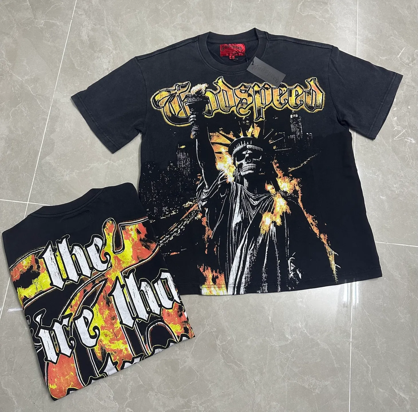 6126# Washed black I P116 Real stock (American fashion niche) - New Godspeed cross-border American rock street washed retro style short-sleeved T (craft printing) Fabric (fabric): 32 counts combed double yarn 250 grams weight Size (size): S-M-L-XL Color (colour): Washed black