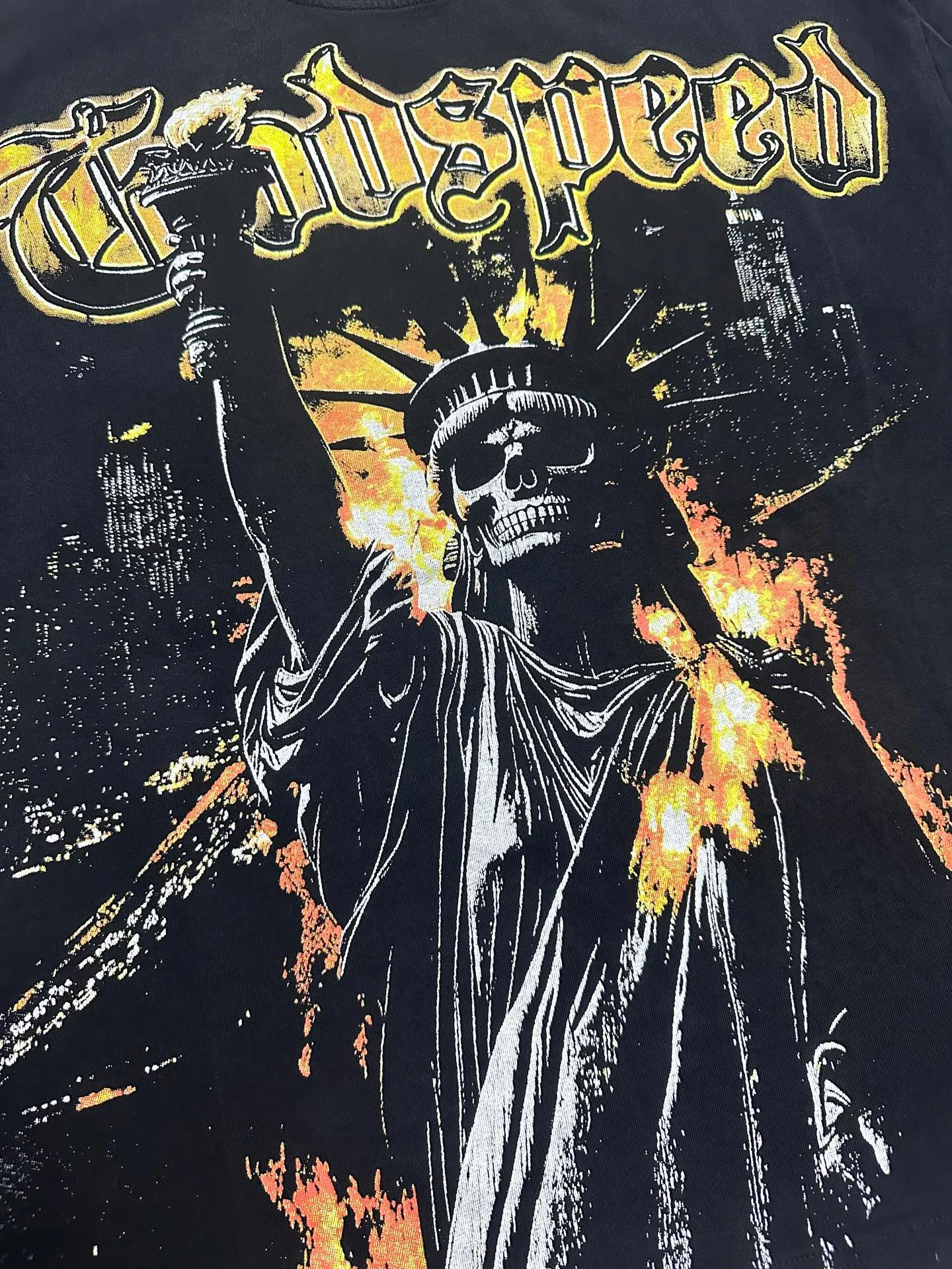6126# Washed black I P116 Real stock (American fashion niche) - New Godspeed cross-border American rock street washed retro style short-sleeved T (craft printing) Fabric (fabric): 32 counts combed double yarn 250 grams weight Size (size): S-M-L-XL Color (colour): Washed black