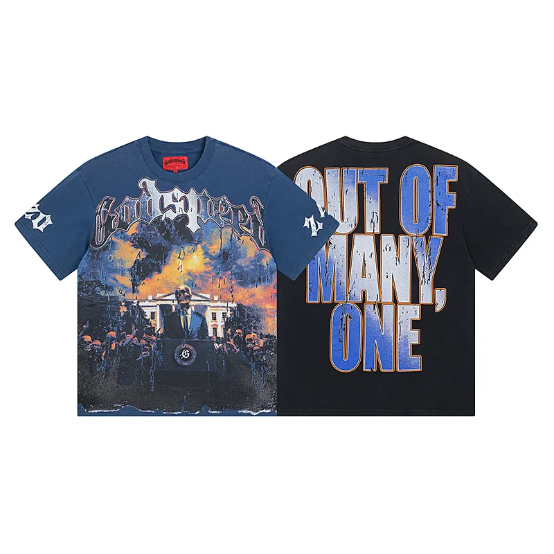 1010# P126 Washed model Real shot Godspeed American fashion rock street retro washed distressed printed cotton short sleeves Fabric: 250g 32 count fine cotton double yarn pure cotton Color: washed black washed blue Code number: S M L XL