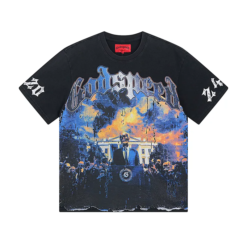 1010# P126 Washed model Real shot Godspeed American fashion rock street retro washed distressed printed cotton short sleeves Fabric: 250g 32 count fine cotton double yarn pure cotton Color: washed black washed blue Code number: S M L XL