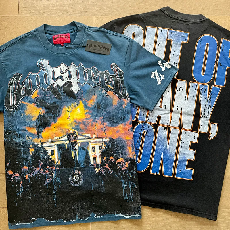1010# P126 Washed model Real shot Godspeed American fashion rock street retro washed distressed printed cotton short sleeves Fabric: 250g 32 count fine cotton double yarn pure cotton Color: washed black washed blue Code number: S M L XL