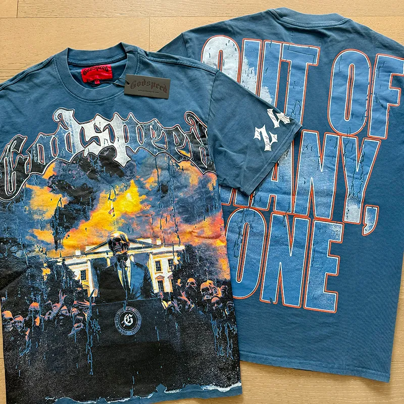1010# P126 Washed model Real shot Godspeed American fashion rock street retro washed distressed printed cotton short sleeves Fabric: 250g 32 count fine cotton double yarn pure cotton Color: washed black washed blue Code number: S M L XL