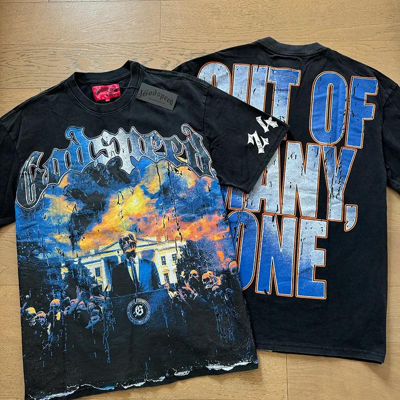 1010# P126 Washed model Real shot Godspeed American fashion rock street retro washed distressed printed cotton short sleeves Fabric: 250g 32 count fine cotton double yarn pure cotton Color: washed black washed blue Code number: S M L XL