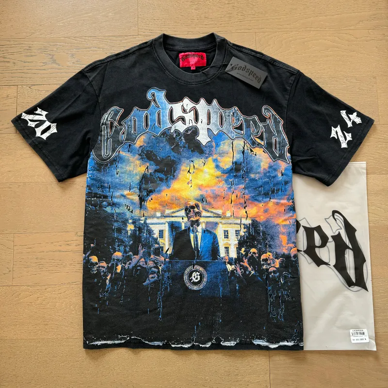 1010# P126 Washed model Real shot Godspeed American fashion rock street retro washed distressed printed cotton short sleeves Fabric: 250g 32 count fine cotton double yarn pure cotton Color: washed black washed blue Code number: S M L XL