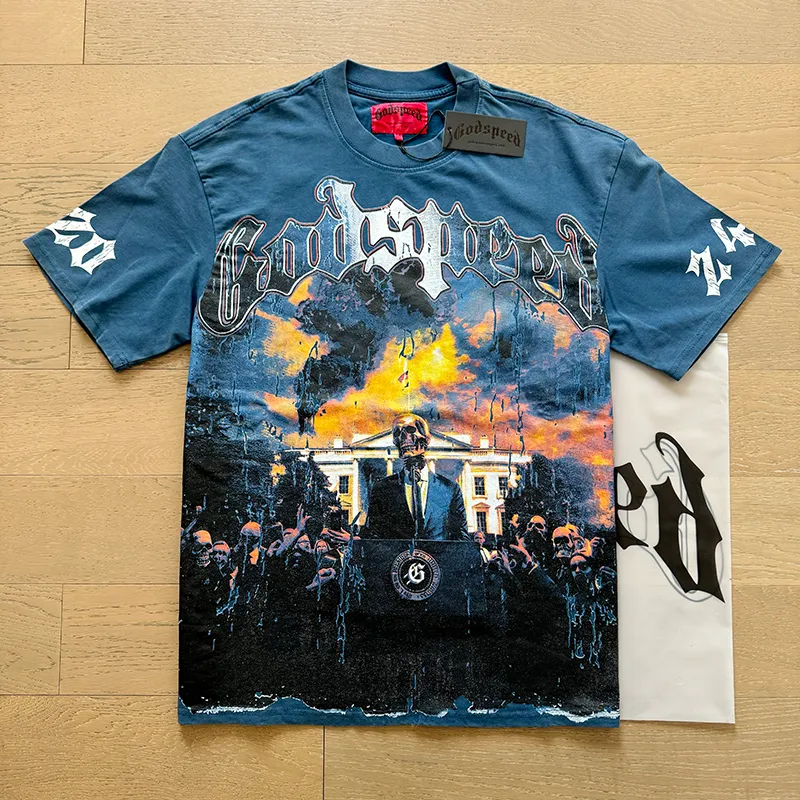 1010# P126 Washed model Real shot Godspeed American fashion rock street retro washed distressed printed cotton short sleeves Fabric: 250g 32 count fine cotton double yarn pure cotton Color: washed black washed blue Code number: S M L XL