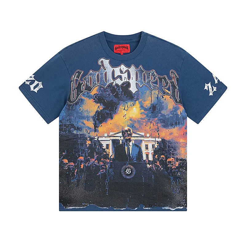 1010# P126 Washed model Real shot Godspeed American fashion rock street retro washed distressed printed cotton short sleeves Fabric: 250g 32 count fine cotton double yarn pure cotton Color: washed black washed blue Code number: S M L XL