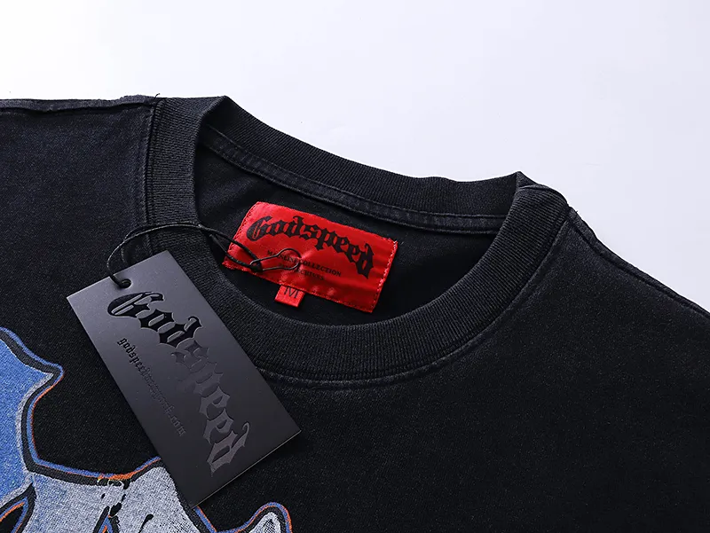 1010# P126 Washed model Real shot Godspeed American fashion rock street retro washed distressed printed cotton short sleeves Fabric: 250g 32 count fine cotton double yarn pure cotton Color: washed black washed blue Code number: S M L XL