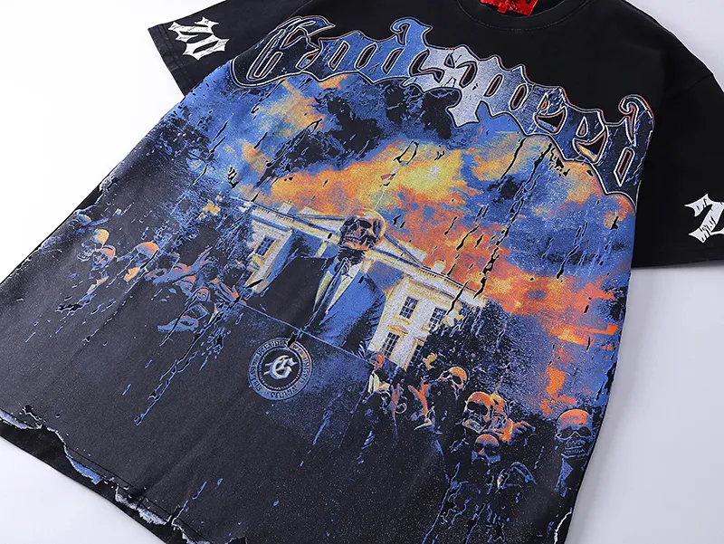 1010# P126 Washed model Real shot Godspeed American fashion rock street retro washed distressed printed cotton short sleeves Fabric: 250g 32 count fine cotton double yarn pure cotton Color: washed black washed blue Code number: S M L XL