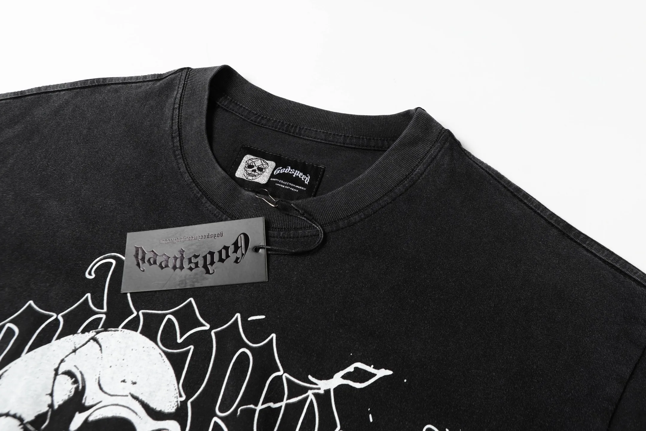 6055#washed black｜P116 Godspeed cross-border American rock and roll street washed retro style short-sleeved T (craft printing) fabric (fabric): 32 count combed double yarn 250g weight code number (size): S-M-L-XL color (colour): washed black