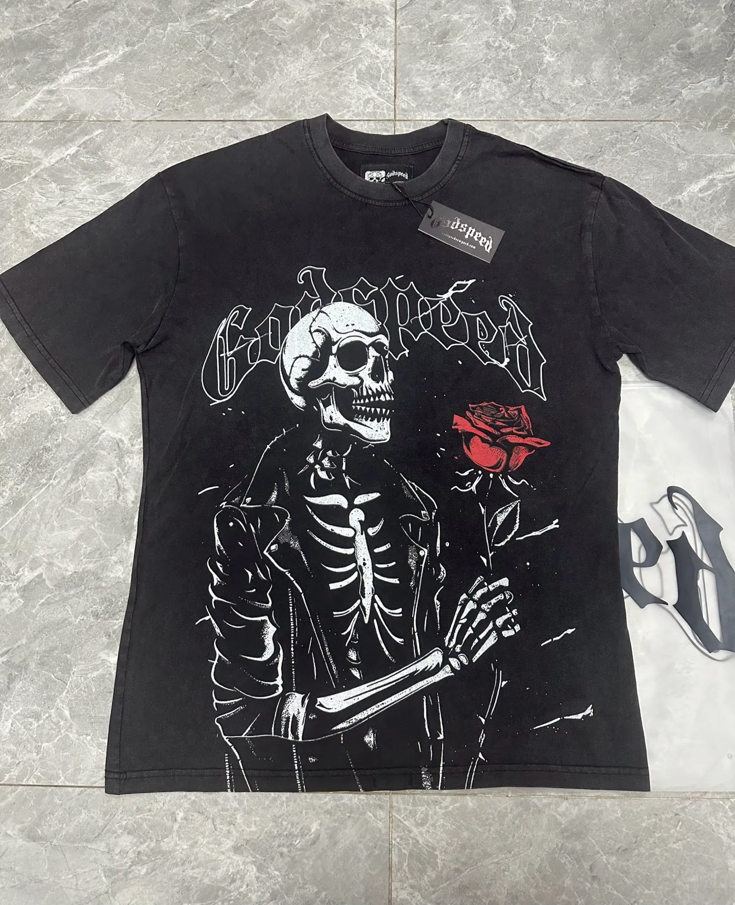 6055#washed black｜P116 Godspeed cross-border American rock and roll street washed retro style short-sleeved T (craft printing) fabric (fabric): 32 count combed double yarn 250g weight code number (size): S-M-L-XL color (colour): washed black
