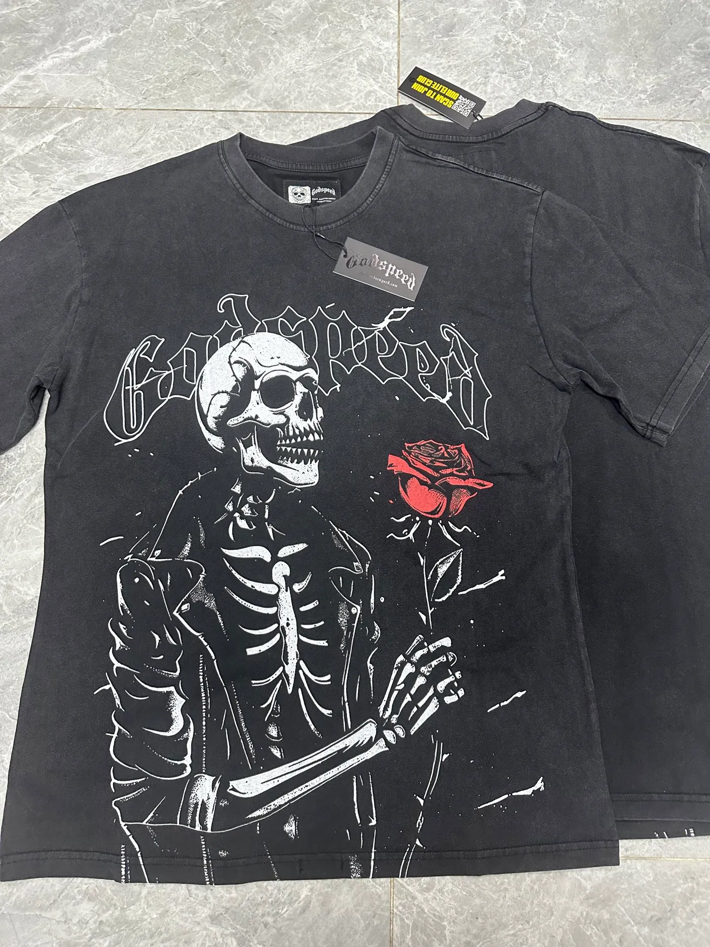 6055#washed black｜P116 Godspeed cross-border American rock and roll street washed retro style short-sleeved T (craft printing) fabric (fabric): 32 count combed double yarn 250g weight code number (size): S-M-L-XL color (colour): washed black