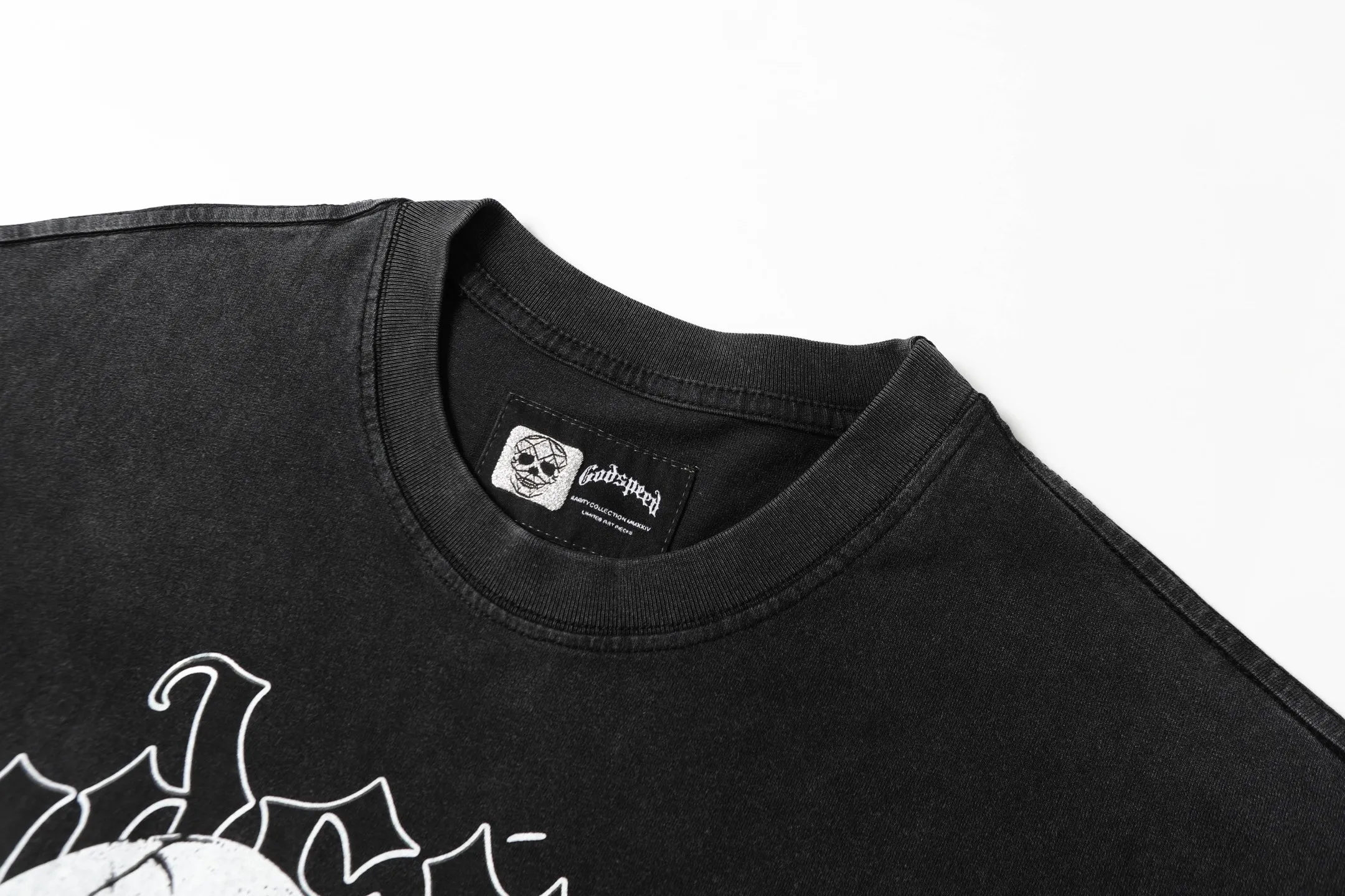 6055#washed black｜P116 Godspeed cross-border American rock and roll street washed retro style short-sleeved T (craft printing) fabric (fabric): 32 count combed double yarn 250g weight code number (size): S-M-L-XL color (colour): washed black