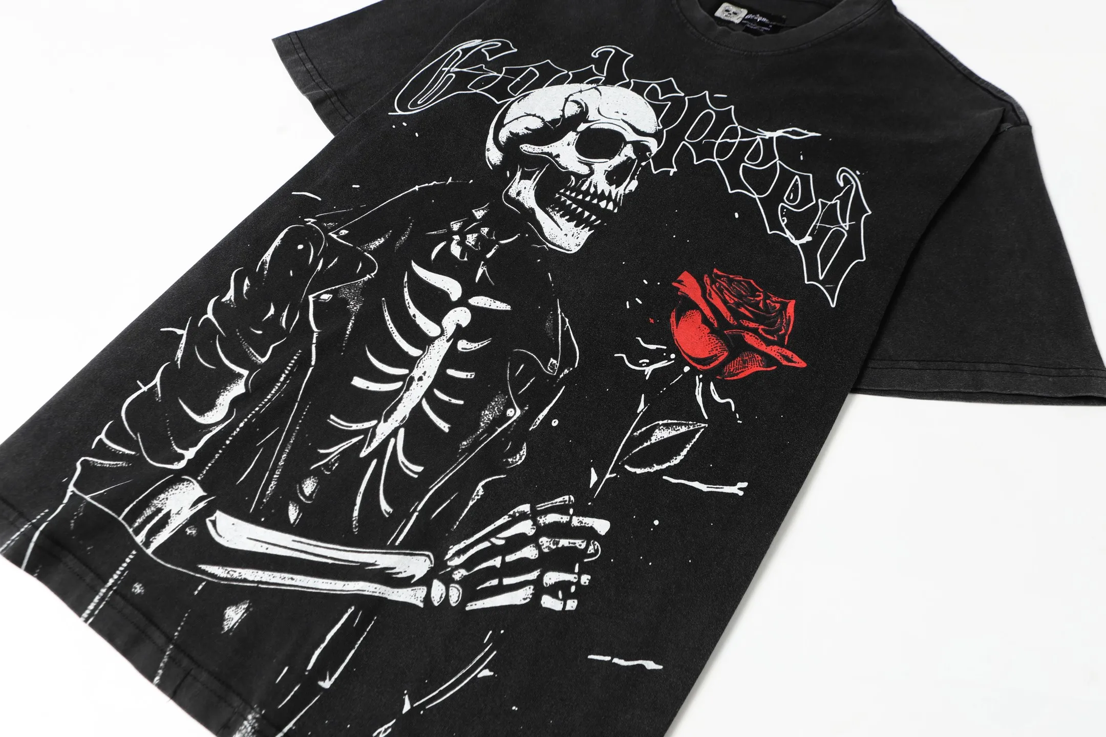 6055#washed black｜P116 Godspeed cross-border American rock and roll street washed retro style short-sleeved T (craft printing) fabric (fabric): 32 count combed double yarn 250g weight code number (size): S-M-L-XL color (colour): washed black