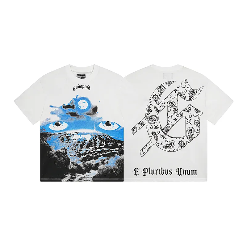 3029# P110 Real shot Godspeed American fashion rock street retro loose printed cotton short sleeves Fabric: 240g 32 count fine cotton double yarn pure cotton Color: off-white Size: S M L XL