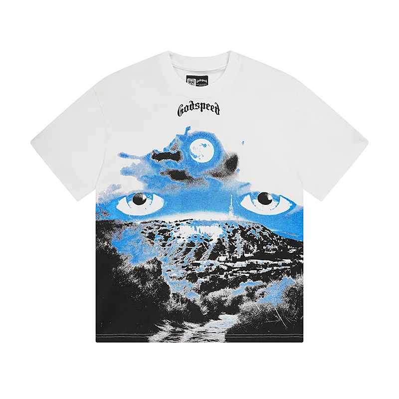 3029# P110 Real shot Godspeed American fashion rock street retro loose printed cotton short sleeves Fabric: 240g 32 count fine cotton double yarn pure cotton Color: off-white Size: S M L XL