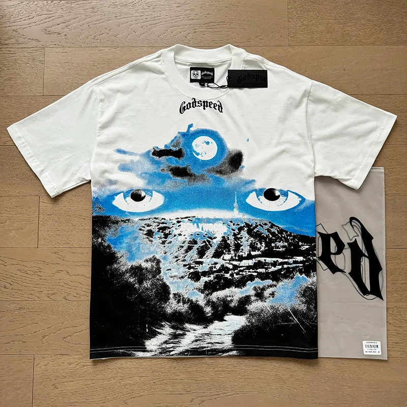 3029# P110 Real shot Godspeed American fashion rock street retro loose printed cotton short sleeves Fabric: 240g 32 count fine cotton double yarn pure cotton Color: off-white Size: S M L XL