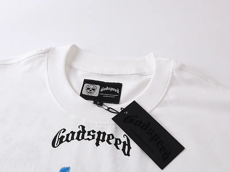 3029# P110 Real shot Godspeed American fashion rock street retro loose printed cotton short sleeves Fabric: 240g 32 count fine cotton double yarn pure cotton Color: off-white Size: S M L XL