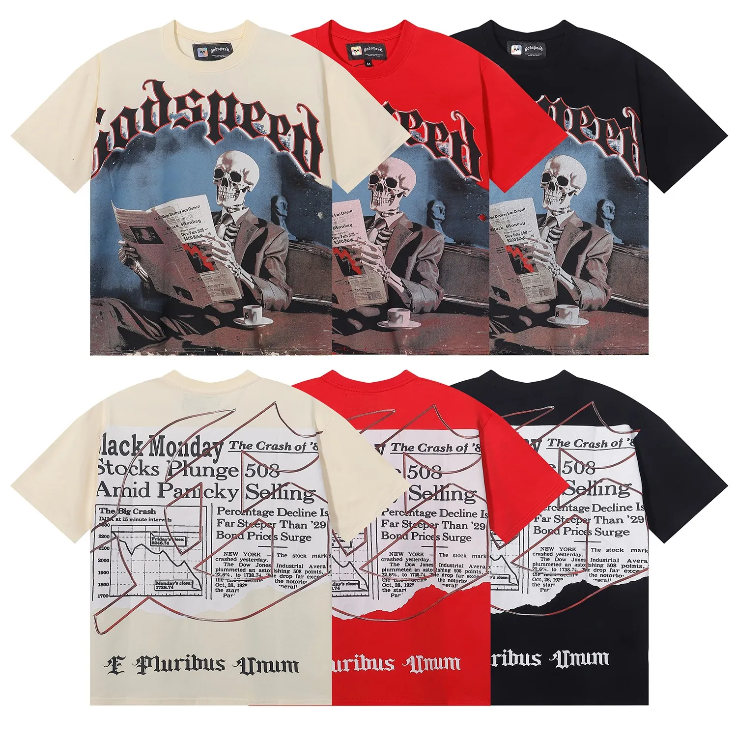 No. 7037, Mechao Godspeed newspaper reading skull print high weight double yarn pure cotton casual short-sleeved T-shirt batch 110 Color: black, apricot, bright red; Size: S M L XL