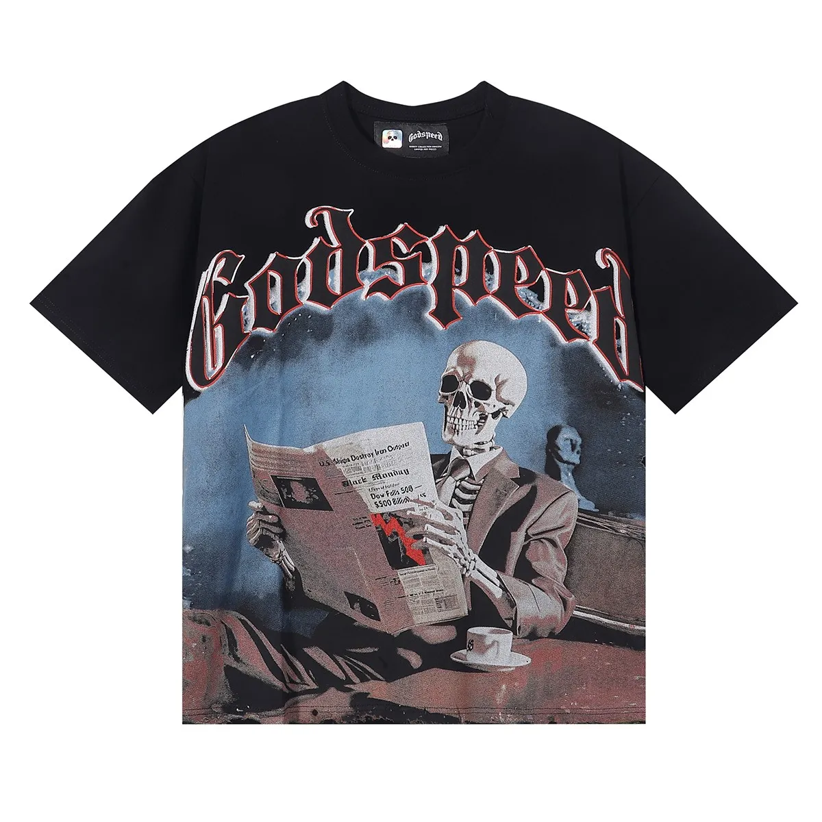 No. 7037, Mechao Godspeed newspaper reading skull print high weight double yarn pure cotton casual short-sleeved T-shirt batch 110 Color: black, apricot, bright red; Size: S M L XL