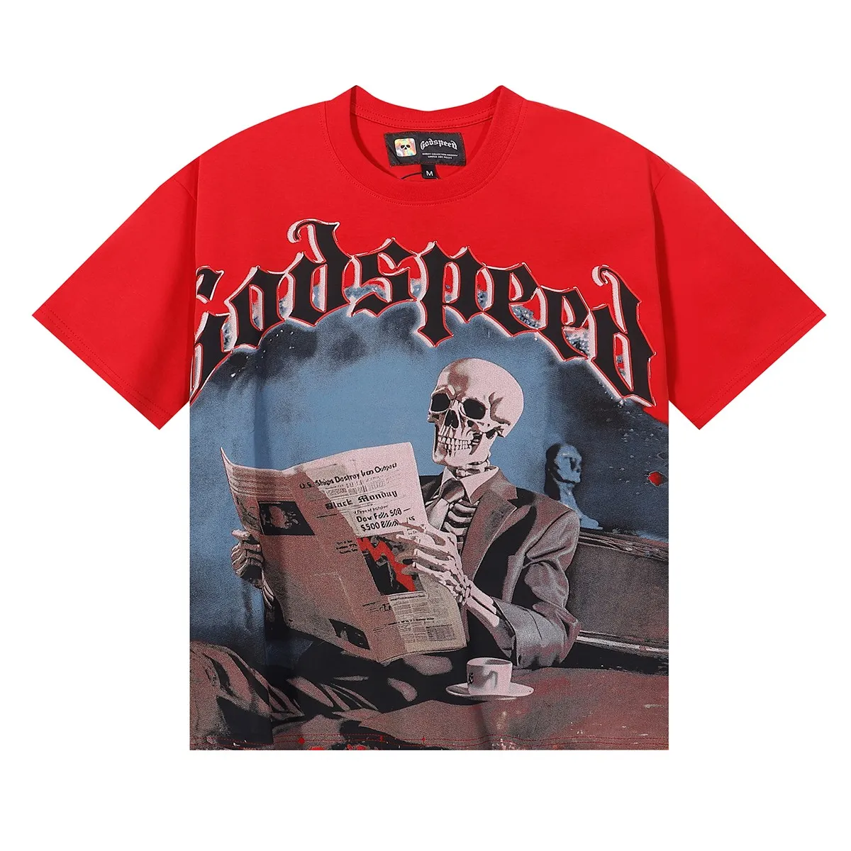 No. 7037, Mechao Godspeed newspaper reading skull print high weight double yarn pure cotton casual short-sleeved T-shirt batch 110 Color: black, apricot, bright red; Size: S M L XL