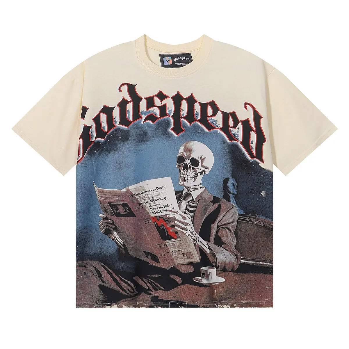 No. 7037, Mechao Godspeed newspaper reading skull print high weight double yarn pure cotton casual short-sleeved T-shirt batch 110 Color: black, apricot, bright red; Size: S M L XL
