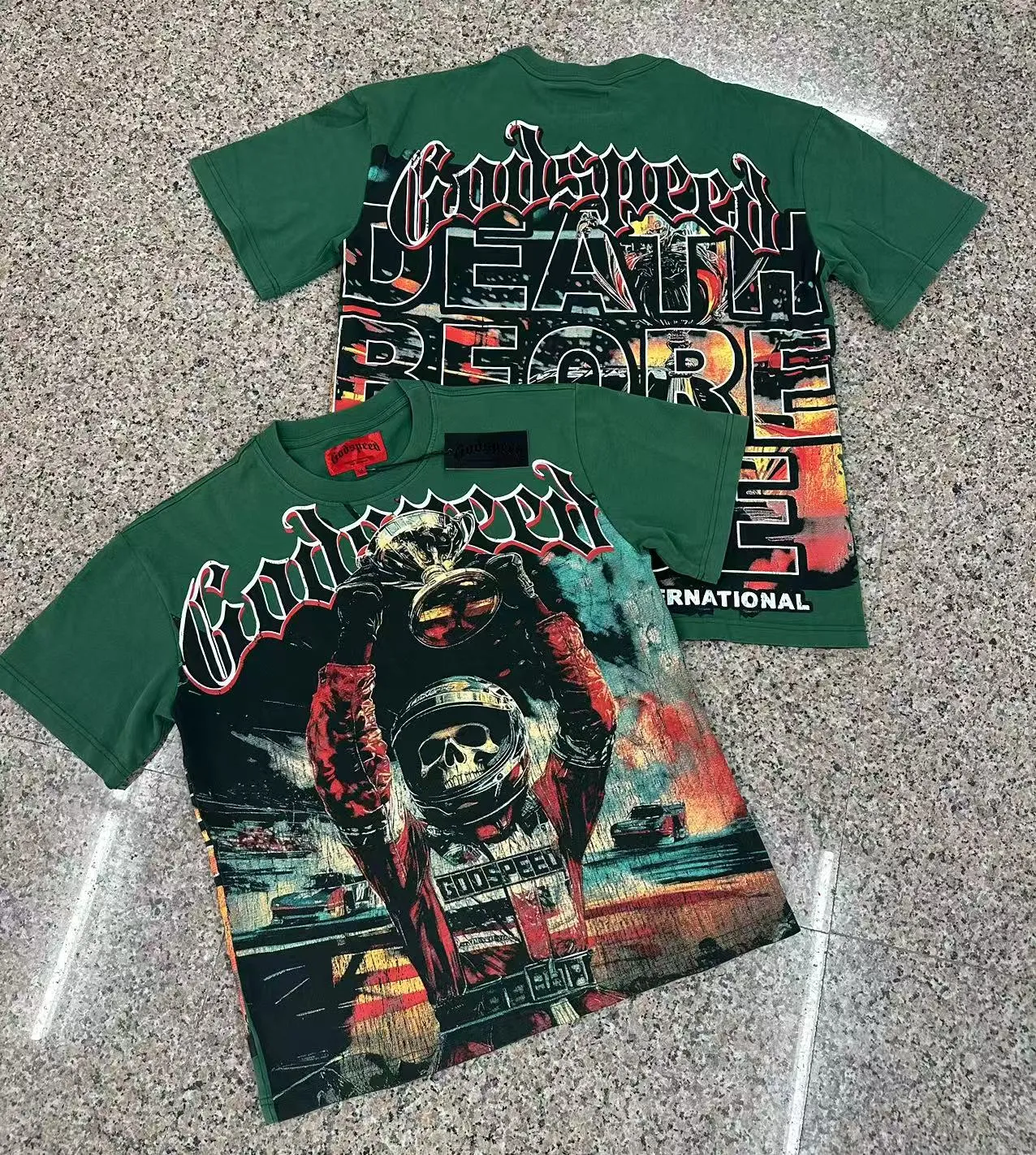 6312# washed black/washed postal green I P116 Godspeed cross-border American rock and roll street washed retro style short-sleeved T (craft print) fabric (fabric): 32 count combed double yarn 250g weight code number (size): S-M-L-XL color (colour): washed black/washed postal green