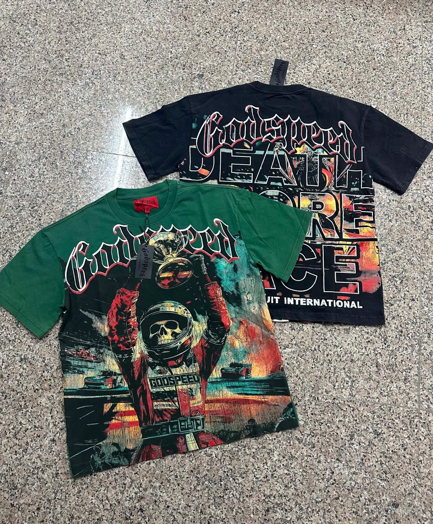 6312# washed black/washed postal green I P116 Godspeed cross-border American rock and roll street washed retro style short-sleeved T (craft print) fabric (fabric): 32 count combed double yarn 250g weight code number (size): S-M-L-XL color (colour): washed black/washed postal green