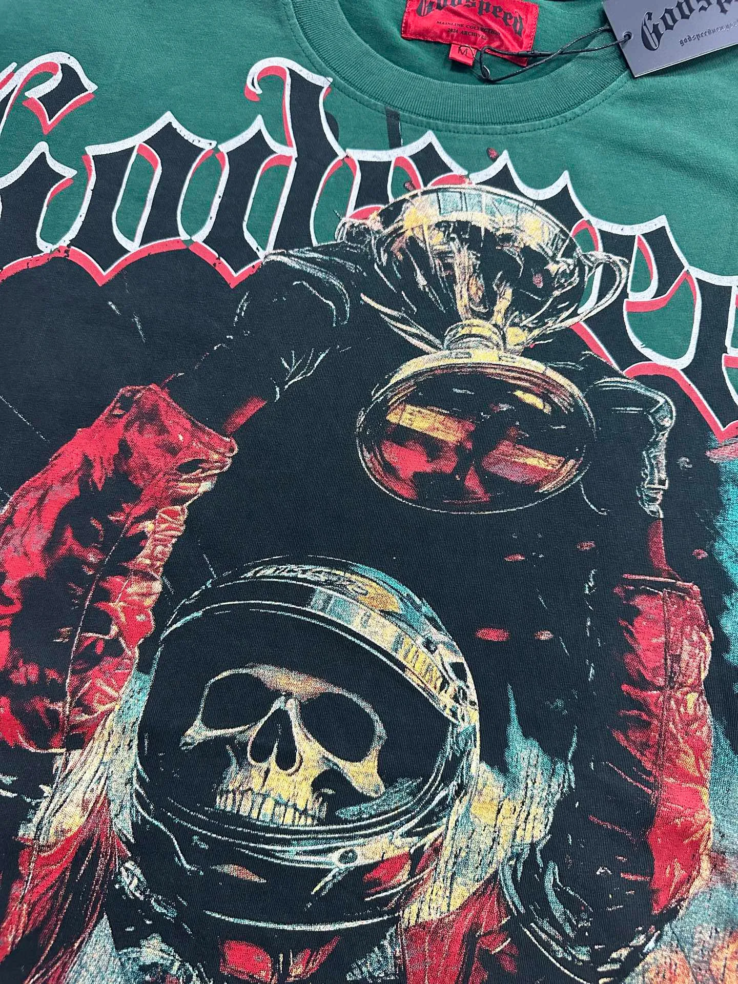 6312# washed black/washed postal green I P116 Godspeed cross-border American rock and roll street washed retro style short-sleeved T (craft print) fabric (fabric): 32 count combed double yarn 250g weight code number (size): S-M-L-XL color (colour): washed black/washed postal green