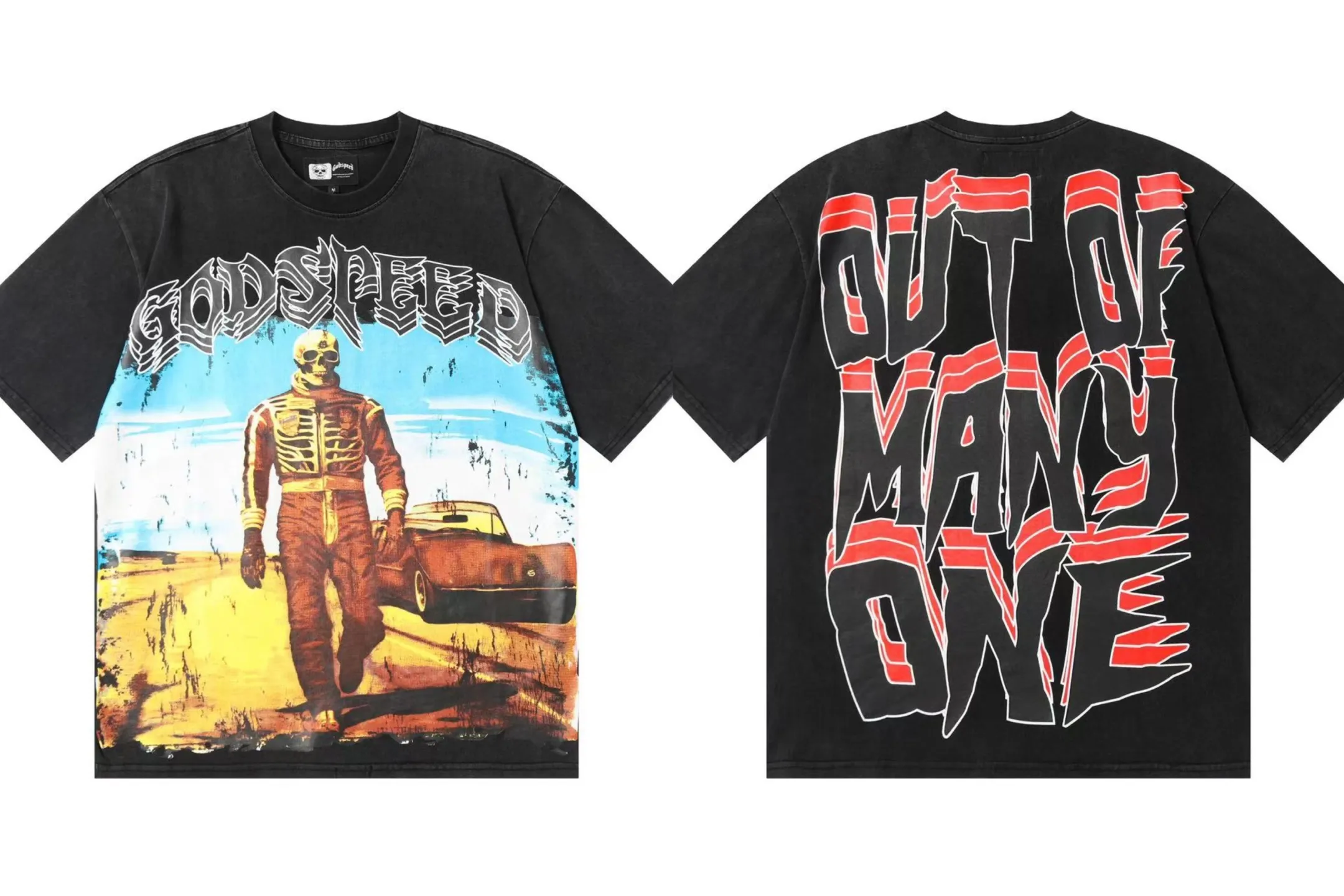 6002# washed black｜P116 Godspeed cross-border American rock and roll street washed retro style short-sleeved T (craft print) fabric (fabric): 32 count combed double yarn 250 grams weight code number (size): S-M-L-XL color (colour): washed black