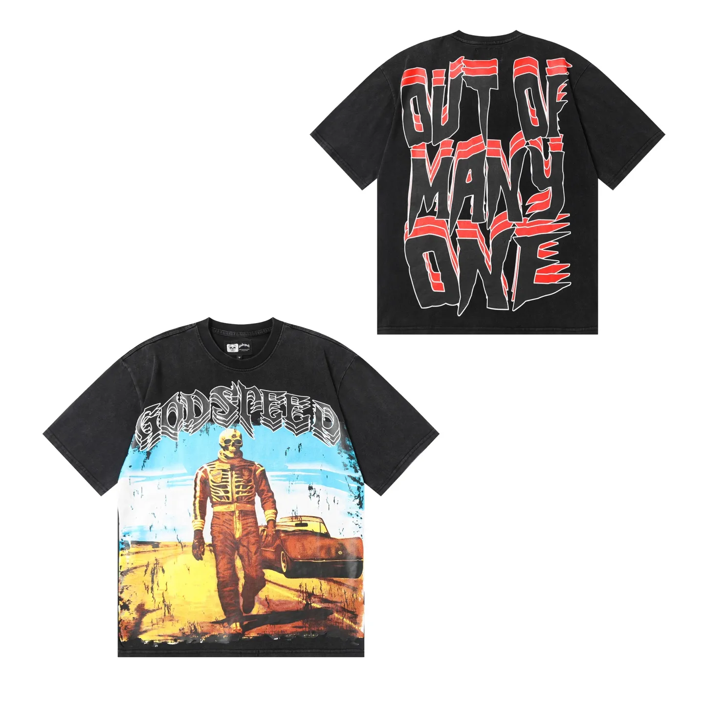 6002# washed black｜P116 Godspeed cross-border American rock and roll street washed retro style short-sleeved T (craft print) fabric (fabric): 32 count combed double yarn 250 grams weight code number (size): S-M-L-XL color (colour): washed black