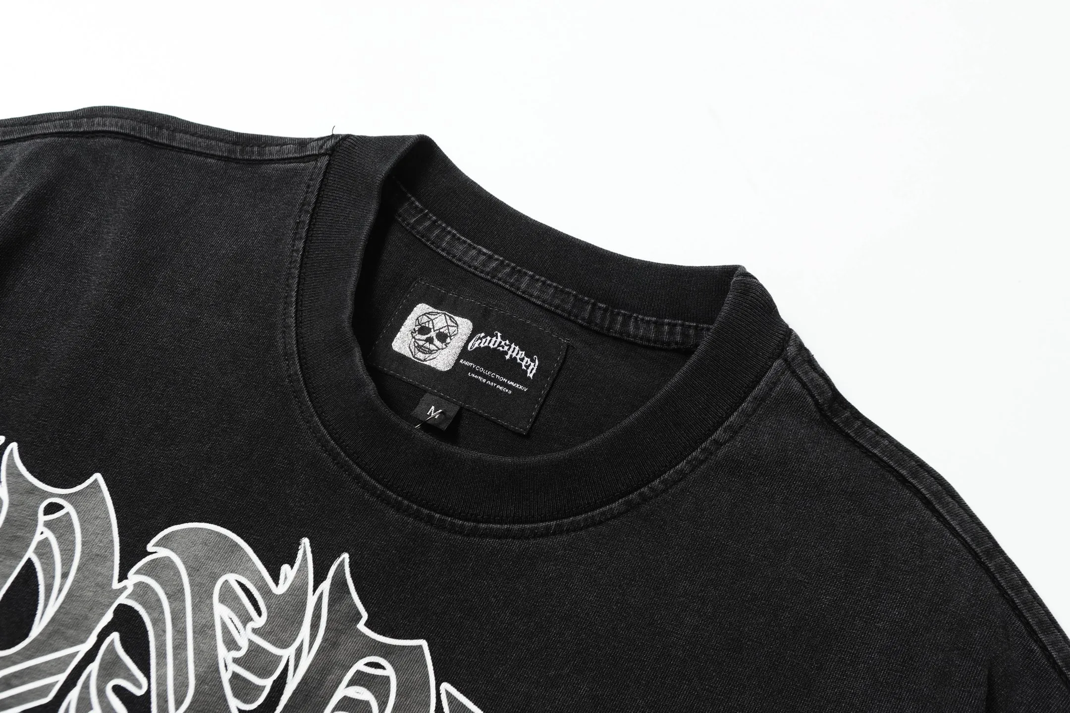6002# washed black｜P116 Godspeed cross-border American rock and roll street washed retro style short-sleeved T (craft print) fabric (fabric): 32 count combed double yarn 250 grams weight code number (size): S-M-L-XL color (colour): washed black