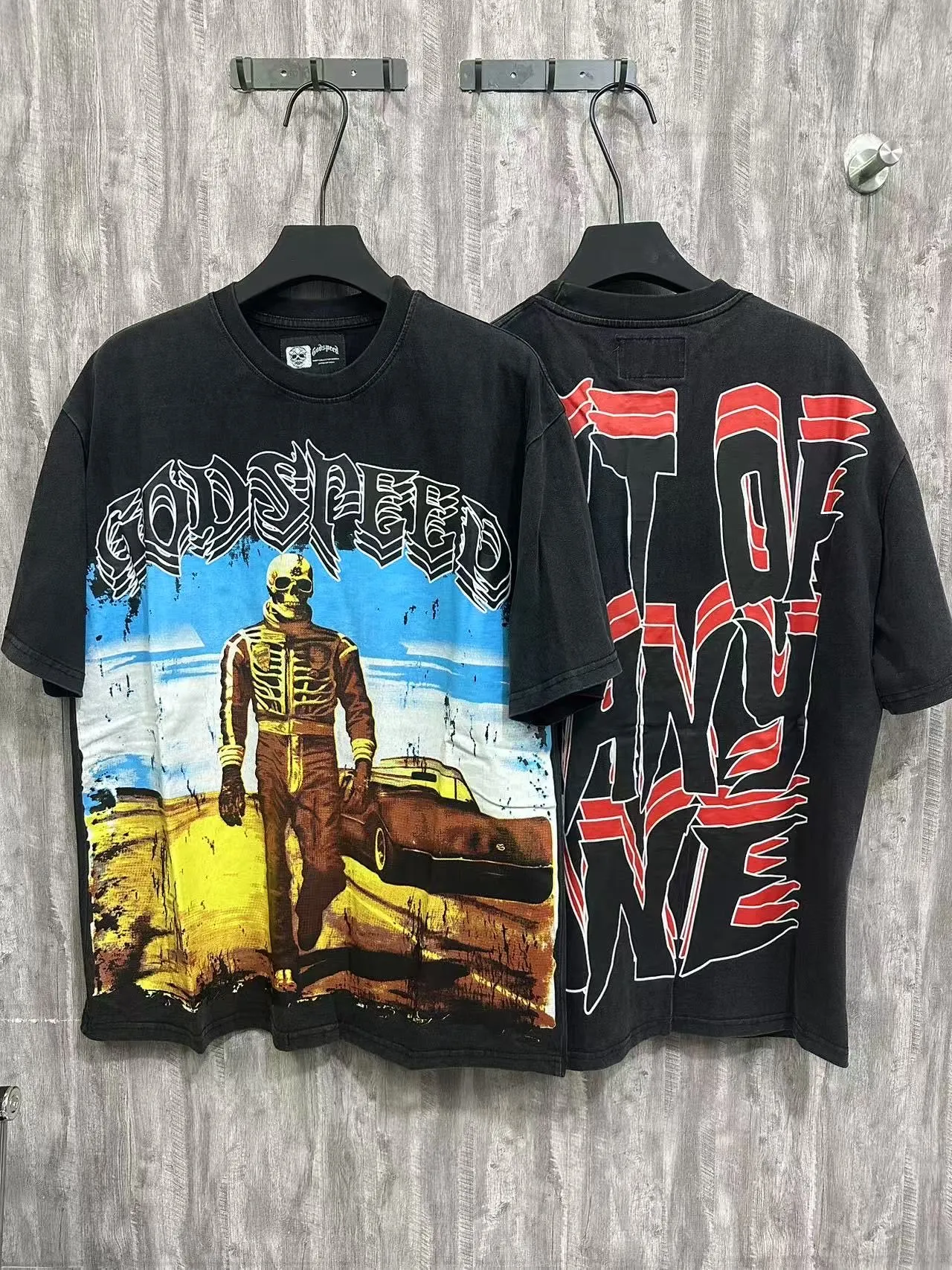 6002# washed black｜P116 Godspeed cross-border American rock and roll street washed retro style short-sleeved T (craft print) fabric (fabric): 32 count combed double yarn 250 grams weight code number (size): S-M-L-XL color (colour): washed black
