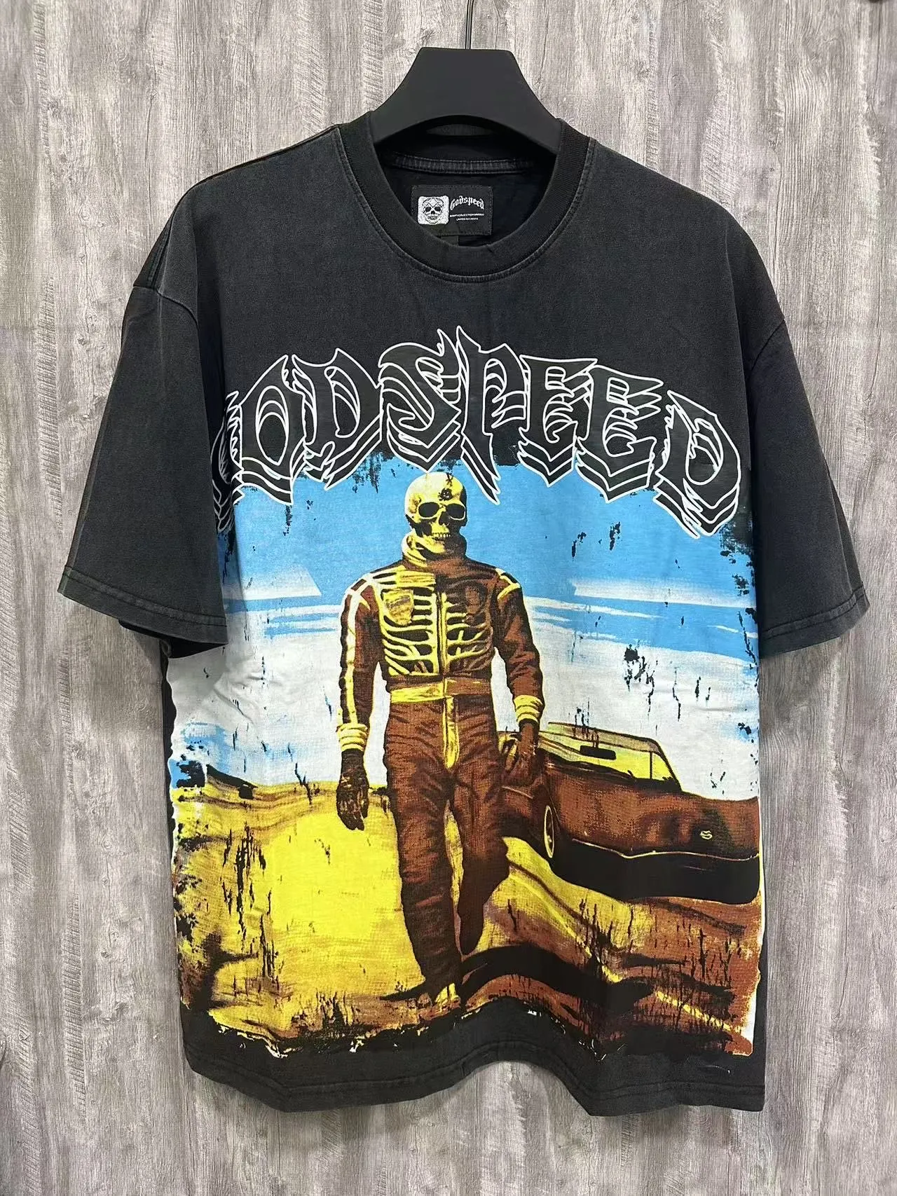 6002# washed black｜P116 Godspeed cross-border American rock and roll street washed retro style short-sleeved T (craft print) fabric (fabric): 32 count combed double yarn 250 grams weight code number (size): S-M-L-XL color (colour): washed black