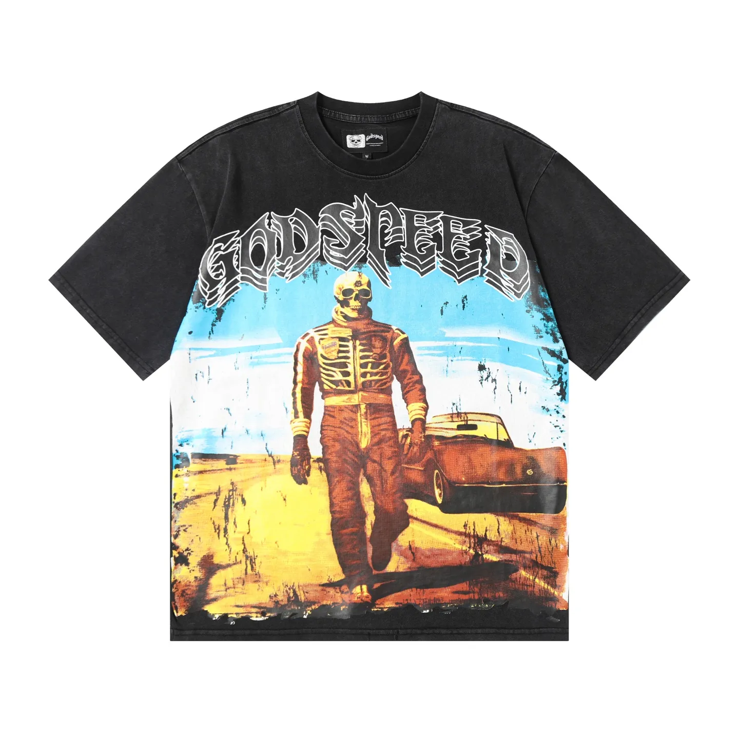 6002# washed black｜P116 Godspeed cross-border American rock and roll street washed retro style short-sleeved T (craft print) fabric (fabric): 32 count combed double yarn 250 grams weight code number (size): S-M-L-XL color (colour): washed black