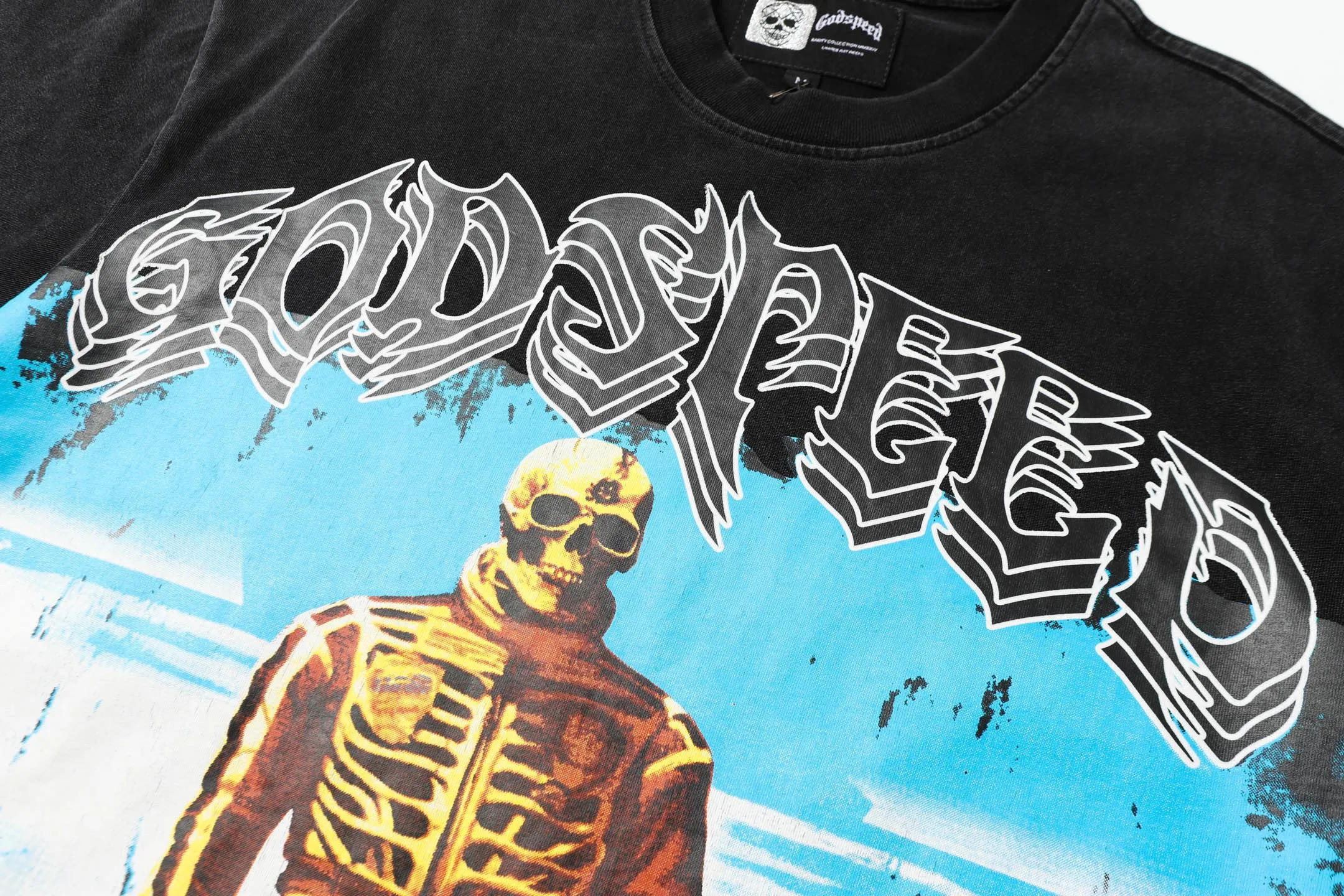 6002# washed black｜P116 Godspeed cross-border American rock and roll street washed retro style short-sleeved T (craft print) fabric (fabric): 32 count combed double yarn 250 grams weight code number (size): S-M-L-XL color (colour): washed black