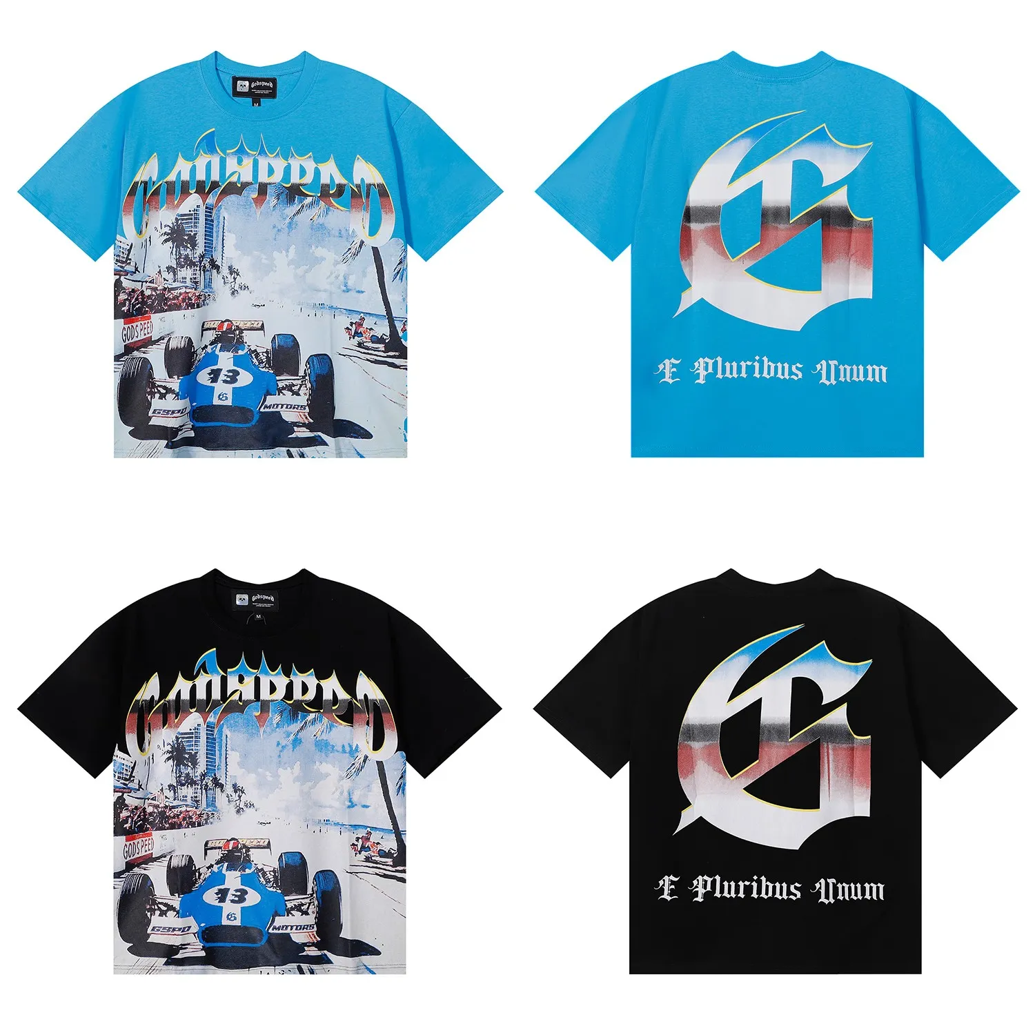 No. 7078, Mechao Godspeed beach road racing printed high-quality double yarn pure cotton casual short-sleeved T-shirt batch 110 Color: black, blue; Size: S M L XL
