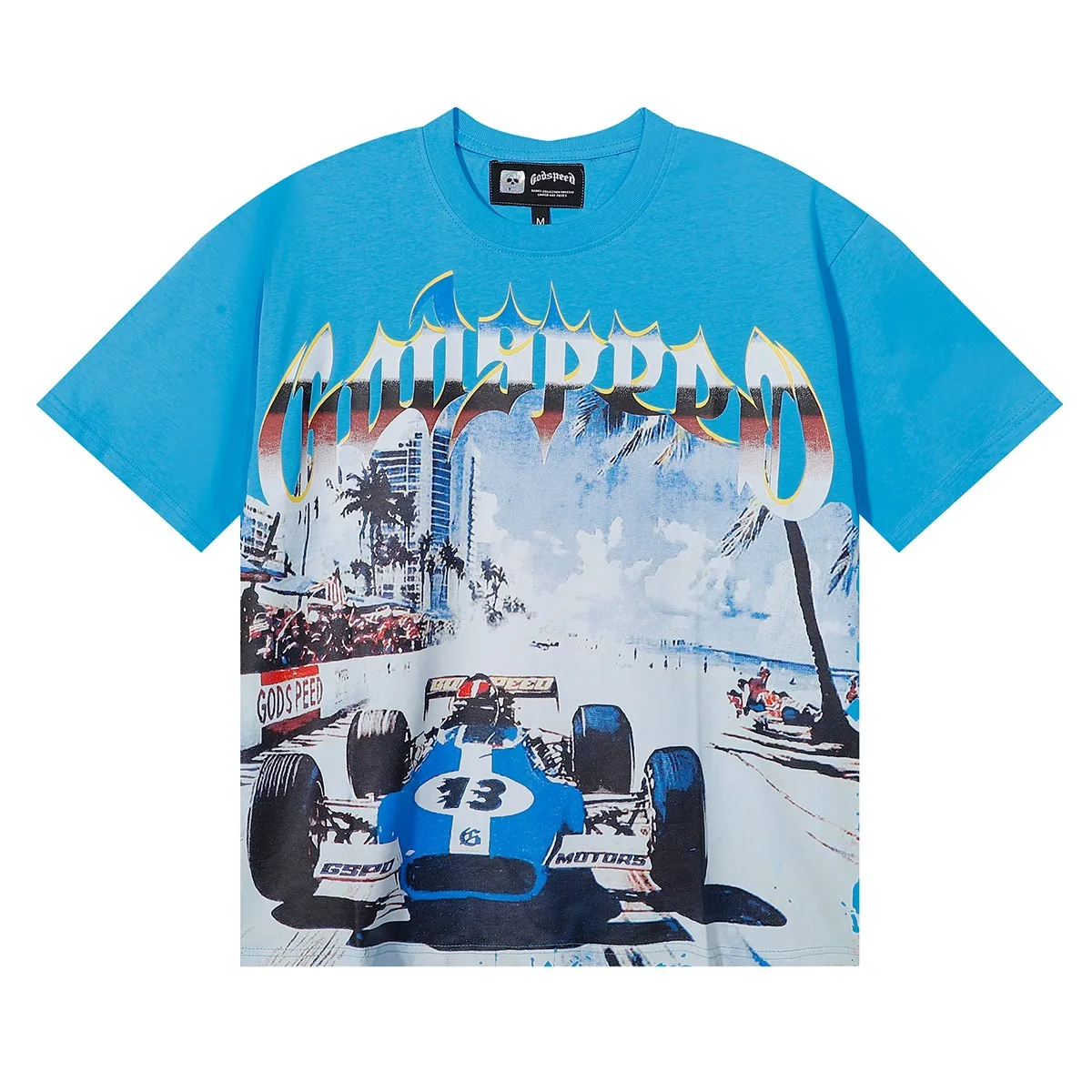 No. 7078, Mechao Godspeed beach road racing printed high-quality double yarn pure cotton casual short-sleeved T-shirt batch 110 Color: black, blue; Size: S M L XL