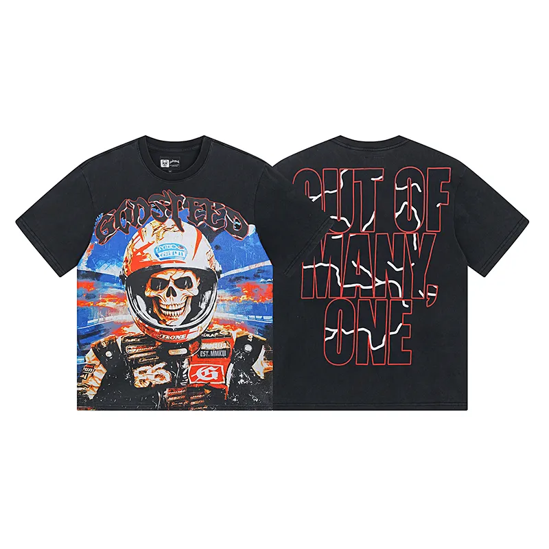 1012# P126 Washed Black Real Shot Godspeed American Fashion Rock Street Retro Washed Distressed Printed Pure Cotton Short Sleeves Fabric: 250g 32 Count Fine Cotton Double Yarn Pure Cotton Color: Washed Black Size: S M L XL