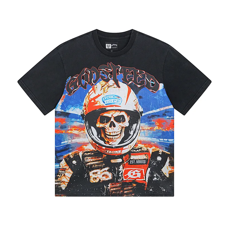 1012# P126 Washed Black Real Shot Godspeed American Fashion Rock Street Retro Washed Distressed Printed Pure Cotton Short Sleeves Fabric: 250g 32 Count Fine Cotton Double Yarn Pure Cotton Color: Washed Black Size: S M L XL