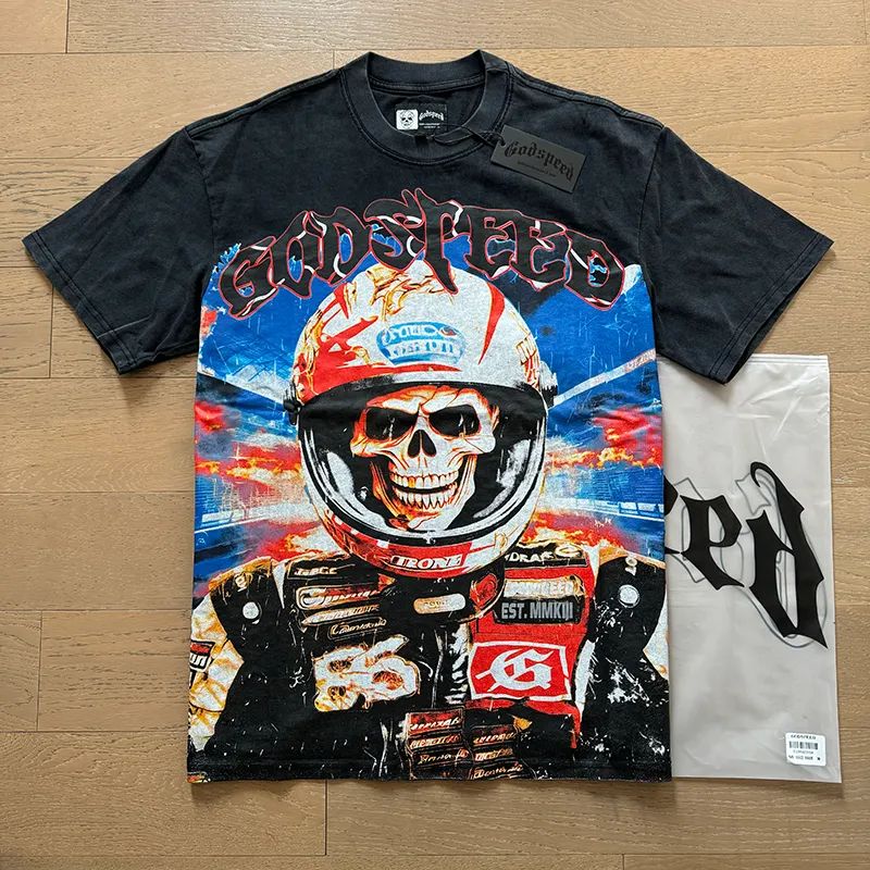 1012# P126 Washed Black Real Shot Godspeed American Fashion Rock Street Retro Washed Distressed Printed Pure Cotton Short Sleeves Fabric: 250g 32 Count Fine Cotton Double Yarn Pure Cotton Color: Washed Black Size: S M L XL