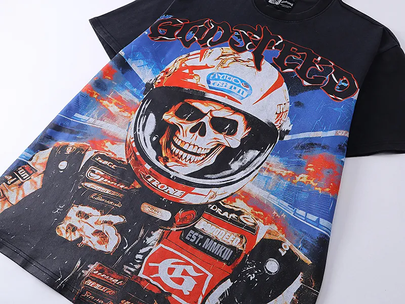 1012# P126 Washed Black Real Shot Godspeed American Fashion Rock Street Retro Washed Distressed Printed Pure Cotton Short Sleeves Fabric: 250g 32 Count Fine Cotton Double Yarn Pure Cotton Color: Washed Black Size: S M L XL